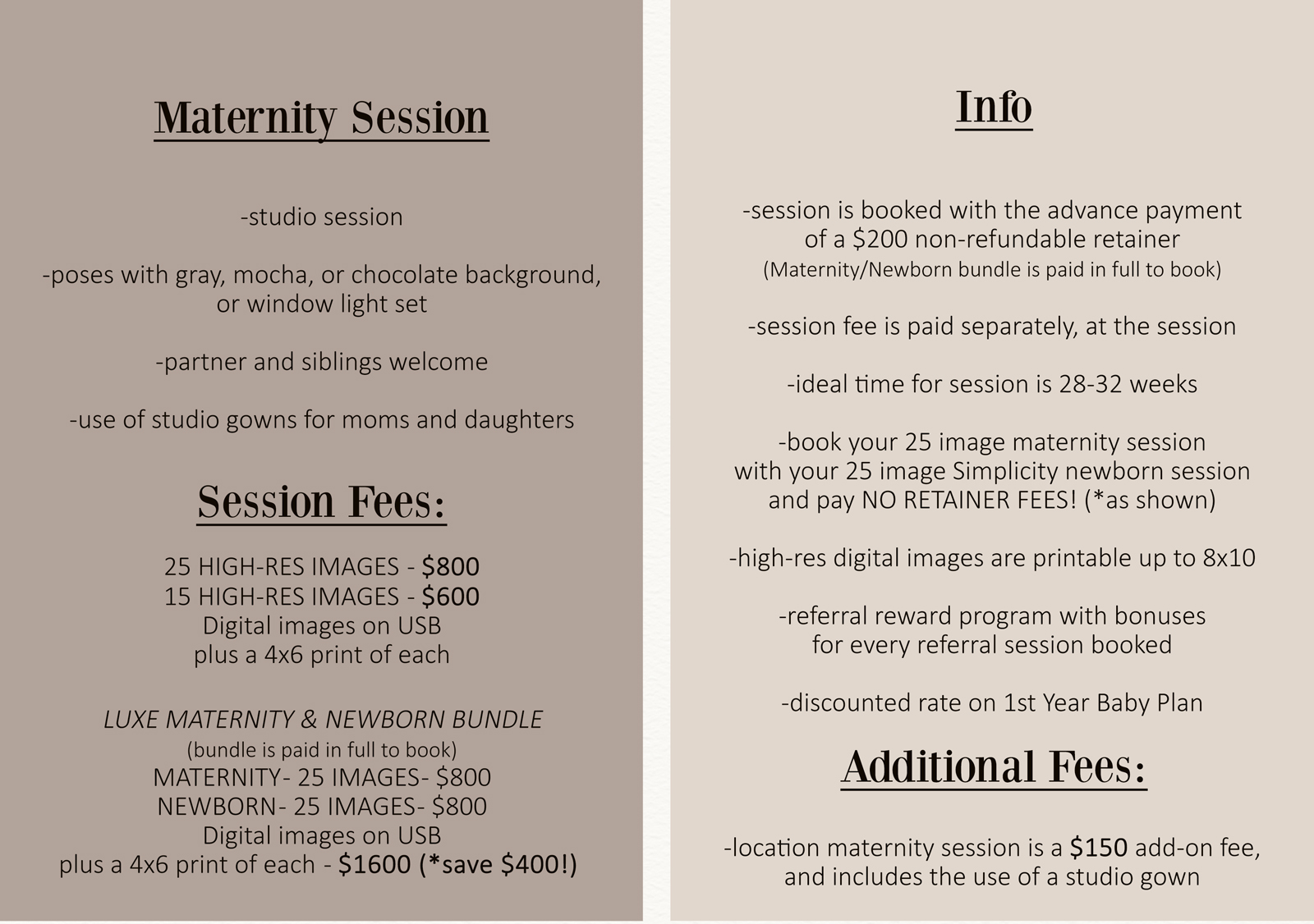 maternity professional photography session pricing